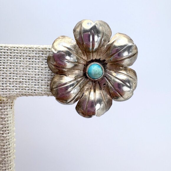 Sterling Silver 925 Turquoise Puffed Flower Screw Back Earrings Size 1" Length - Picture 8 of 13